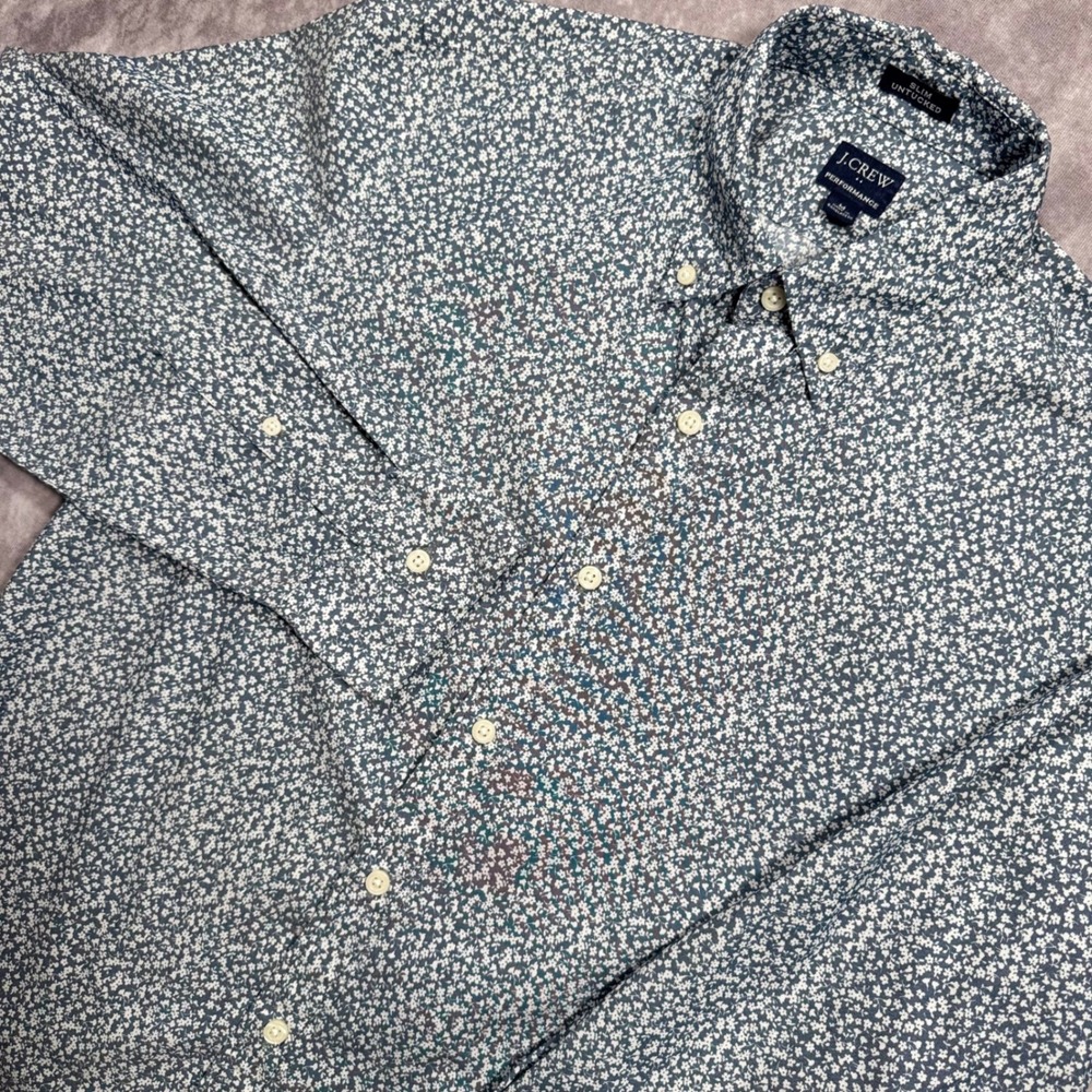 J.Crew Performance Slim Untucked Floral Button Down Shirt Blue White Mens M